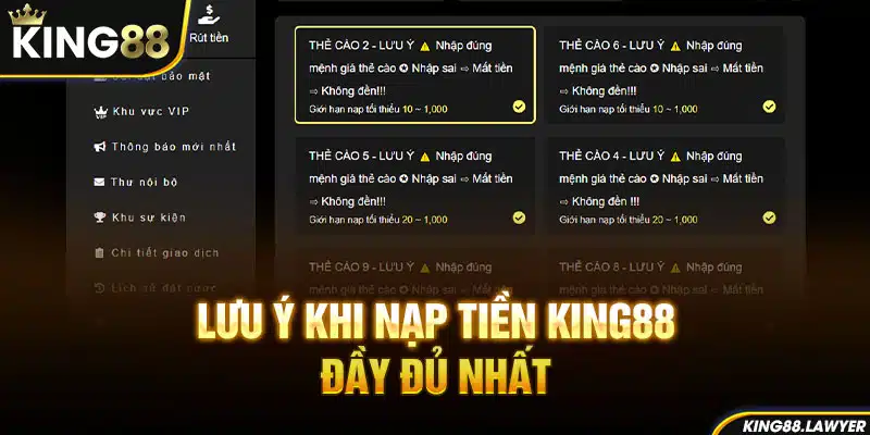 Lưu ý khi thực hiện nạp tại King88